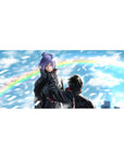36x16 inches anime desk pad with windy sky scene, paper shards swirling and a soft rainbow backdrop.