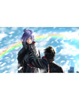 Anime-inspired 40x20 inches desk pad with windy sky, paper shards, and a subtle rainbow backdrop.