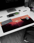 Vibrant 36x16 anime desk mat with a glowing crimson sunset and scenic landscape for an inspiring and colorful workspace vibe
