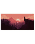 Crimson sunset 32x16 mouse pad with a glowing crimson sky and scenic landscape, bringing warmth and adventure to your workspace