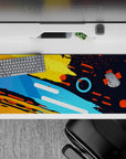 Striking 36x16 desk pad highlights bold hues and sharp geometric patterns in stunning artistic detail