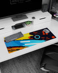 Small but impactful 32x12 desk mat showcases artistic energy with striking color and geometric artistry
