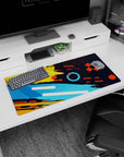 Creative vibrancy design on 32x16 desk mat brings Color Splash Energy's dynamic aesthetic to life vividly