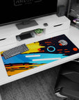 Energetic artwork on 36x16 desk mat captures the essence of creativity with dynamic color collisions and structured flair
