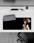 28x12 inches anime mouse pad in warm amber glow, crisp white coat and red tie, moody dark backdrop.