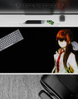 40x20 inches anime desk pad in warm amber glow, crisp white coat highlights, moody film-grain texture.