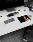 Sharp-eyed anime girl in white lab coat and red tie on black, classic mouse pad 14x10 inches.