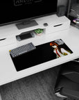 Anime girl scientist in white lab coat and red tie, sharp gaze with amber sparks, 28x12 inches mouse pad.