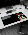 32x16 inches anime mouse pad showing a calm scientist girl, long dark hair with amber sparks, white coat and red tie.