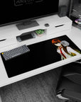 Anime desk pad 36x16 inches showing sharp-gazed girl in white lab coat and red tie, long dark hair glowing.