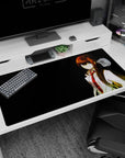 Anime desk pad 40x20 inches featuring calm dark-haired scientist girl, lab coat and tie, citylight sparks.