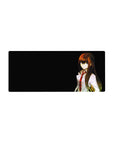 Anime mouse pad 28x12 inches with lab coat girl on black background, cinematic film-grain finish.
