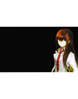 Anime desk pad 40x20 inches with sharp-gazed girl in lab coat and red tie on black background.