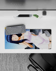 28x12 inches desk mat in clean white and lavender tones, soft shy vibe, dark blue hair accents.