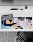 32x12 inches anime girl mouse pad with lavender eyes, dark blue hair, clean whites, and soft shy vibes.