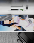 Lavender eyes, dark blue hair, and clean white dress on a soft anime girl desk pad 36x16 inches.
