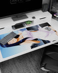 Hinata Hyuga from Naruto lounging on a 40x20 inches anime desk pad, lavender eyes and dark blue hair.