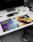 Artistic 36x16 inches desk pad capturing the clash of Kurama and Susanoo, with powerful energy radiating from the scene.