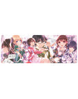 32x12 inches anime girl mouse pad with campus scene, petals, schoolgirl crew, and pastel uniforms.