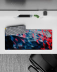 28x12 inches mouse pad with geometric waves design, blending deep blues and reds with 3D effect for a captivating, high-energy anime look.