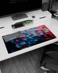Modern 32x16 inches mouse pad featuring geometric waves, deep blues and reds in a dynamic triangular pattern with 3D effect for a striking look.