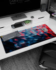 Artistic 36x16 inches mouse pad featuring geometric waves, with deep blues and reds in a dynamic pattern and 3D effect for modern abstract energy.