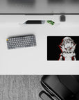 Feisty sci-fi anime mouse pad 14x10 inches in black-on-charcoal with bold red shadow slashes.