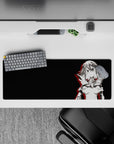 32x12 inches anime girl mouse pad in deep charcoal and black with bold red warning-flare shadows, edgy vibe.