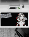 Charcoal and red anime girl mouse pad 32x16 inches with edgy attitude and warning-flare accents.