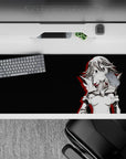 Red-accented anime girl desk pad 36x16 inches, moody charcoal background with bold warning-flare vibe.