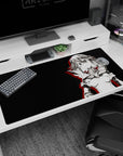 Feisty blushing anime heroine in angular armor on desk pad 40x20 inches, short wild hair, stare.