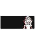 32x12 inches anime girl mouse pad with armored heroine line art, charcoal backdrop, red accent slashes.