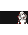 Anime girl desk pad 36x16 inches with sharp sci-fi heroine line art and armored outfit on charcoal.