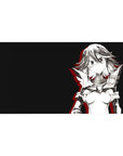 Anime girl desk pad 40x20 inches with sci-fi armor portrait, crisp line art, minimalist layout.