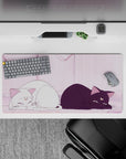 Pastel pink anime mouse pad 32x16 inches, calm cozy morning-light vibe with soft shading.