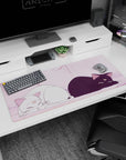 36x16 inches anime desk pad showing a white smiling cat and grumpy black cat stretched out together.