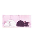 28x12 inches anime mouse pad with two moon-marked cats lounging in a soft pink room and glowing curtains.