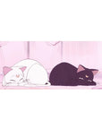 36x16 inches anime desk pad with two moon-marked cats lounging in a soft pink room with curtains.