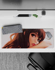 Moody sunset anime girl mouse pad 32x12 inches in warm chestnut tones with cozy late-night vibe.
