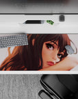 Moody warm sunset anime desk pad 36x16 inches in chestnut browns and soft grey-brown tones, cozy vibe.
