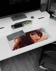 Close-up anime girl leaning on her arm on a 28x12 inches mouse pad, glossy lips and drifting hair strands.