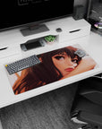 Anime girl leaning on her arm mouse pad 32x16 inches, grey-brown eyes, glossy lips, windblown hair.