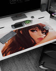 Close-up anime girl resting on her arm desk pad 40x20 inches, glossy lips and drifting hair strands.