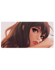 Anime girl close-up desk mouse pad 32x16 inches with chestnut hair, soft gradient backdrop.