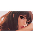 Anime girl close-up desk pad 40x20 inches with chestnut hair, grey-brown eyes, and gradient background.
