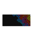 Mouse pad featuring neon geometric design, 28x12 inches, with blue, purple, red, and yellow hues contrasting against deep black for bold flair.
