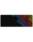 Compact 32x12 inches mouse pad with neon geometric design, featuring blue, purple, red, and yellow hues against deep black for bold excitement.