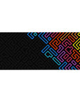 Mouse pad featuring neon geometric design, 36x16 inches, with blue, purple, red, and yellow hues contrasting against a deep black background.