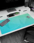 Minimalist 40x20 anime desk mat showcasing teal and aqua gradient with clean geometric polygons for a peaceful, serene atmosphere