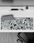 Mint gray anime mouse pad 32x12 inches with crisp black line art, café snacks, playful comedy vibe.